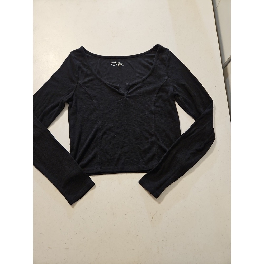 Aerie V Neck Ribbed Crop Top Long Sleeve Small Black Aerie Top (A1202)